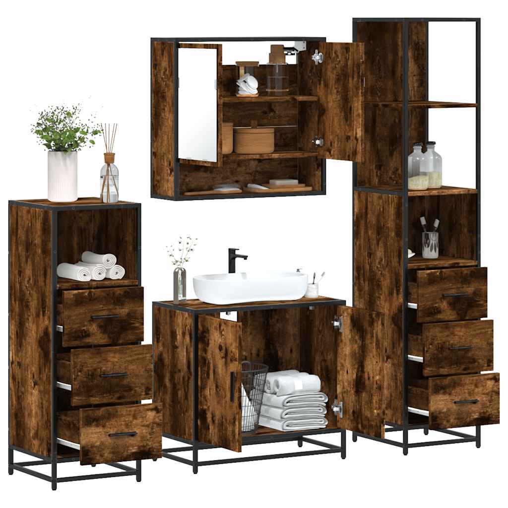 4 Piece Bathroom Furniture Set Smoked Oak Wood Based Material