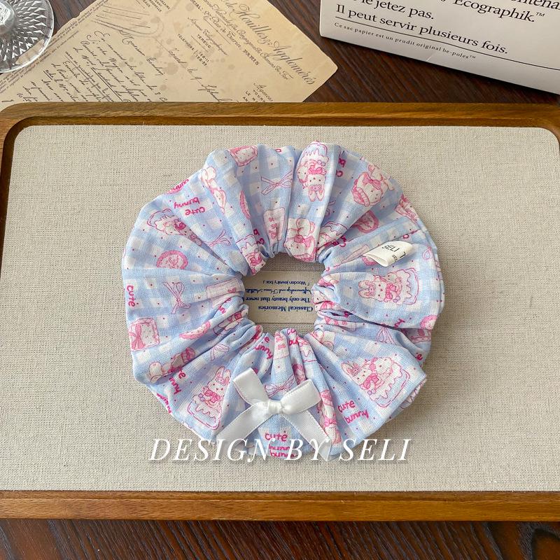 Powder Blue Heart Rabbit Plaid Polka Dot Hair Tie with Bow and Cute Cartoon Design