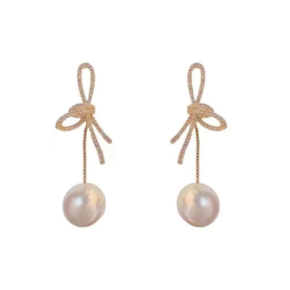 Sweet Temperament Shining Zircon Bow Imitation Pearl Stud Earrings for Women Charm Bride Wedding Engagement Jewelry Accessories