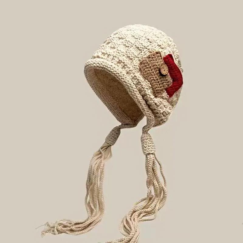1PC Handmade Red Tassel Soft Knit Fashionable Wool Trendy Hat Handmade Braid Warm
