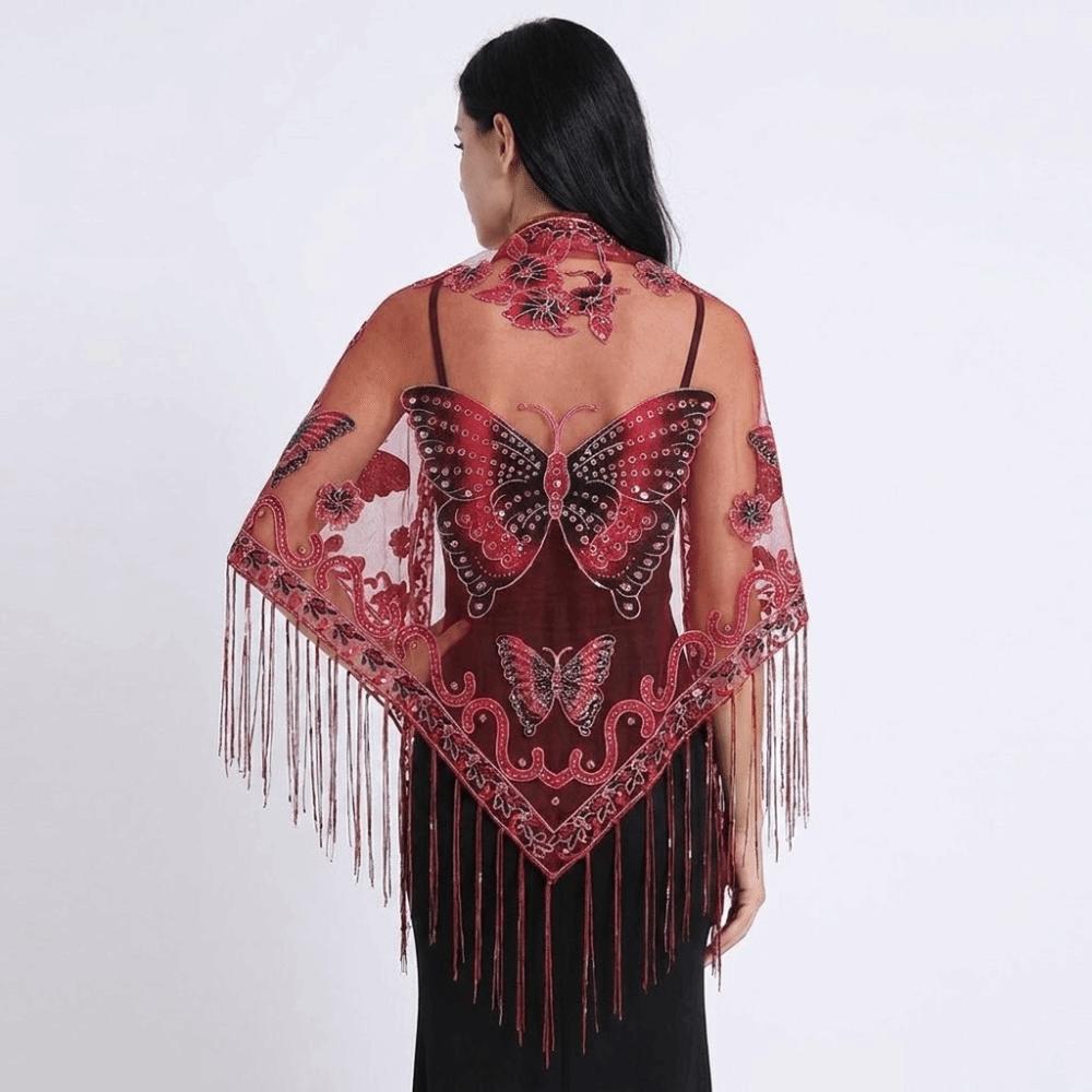 Butterfly Lace Hollow Scarf Polyester Mesh Scarves Elegant Tassel Triangle Shawl Church