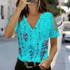 Damen V-Ausschnitt Cold Shoulder Bluse Schwarze Basis Lebendiger Gelb-Grüner Pfauenfederdruck Oberteil