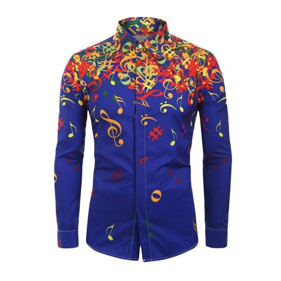 Men Autumn Musical Note Printed Long Sleeve Turndown Collar Shirt Blouse Top