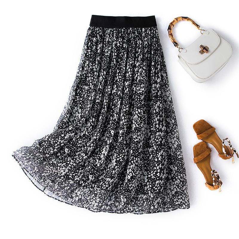 Spring and summer new women s clothing elastic waist mulberry silk printed silk skirt big swing skirt long skirt M