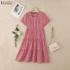 ZANZEA Women Plaid Print Summer Casual Square Collar Short Sleeve Dress