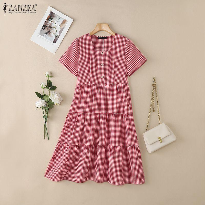 ZANZEA Women Plaid Print Summer Casual Square Collar Short Sleeve Dress