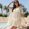 Sexy Hollow Out Beach Cover Up Women Knitted Crochet Tunic Mini Dress Short Sleeve V Neck Loose Cover-ups Beachwear