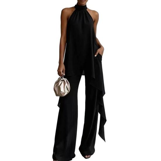 Women's Chiffon 2 Piece Sets, Asymmetrical Halter Sleeveless Tops with Wide Leg Pants Summer Outfits, Casual Vacation Lounge Matching Set