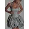 Damen Neckholder Schnürung Schleife Einfarbig Eng Aufgebauscht Kurz Kleid
