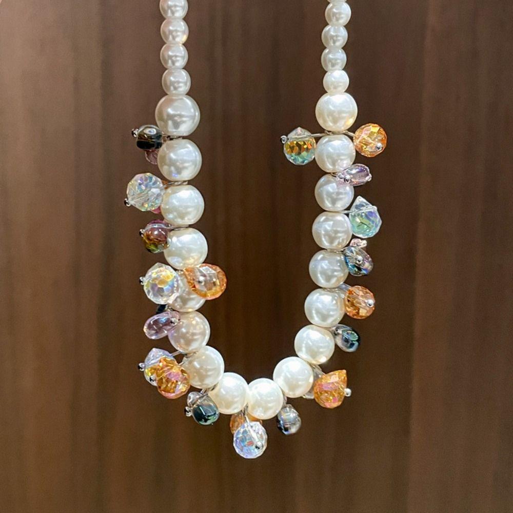Sweet Pearl Beaded Necklace Shining Pearl Choker Jewelry Adjustable Colored Zircon Necklace  Gift
