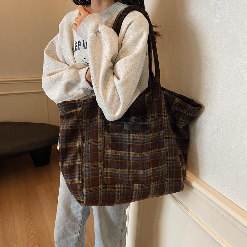 Woolen Plaid Big Bag Women's 2026 New Korean Version Tote Bag College Style Casual Large-capacity Shoulder Bag