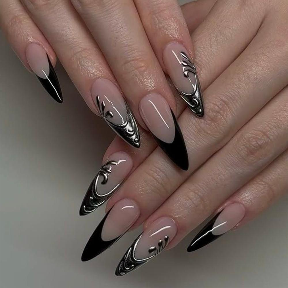 24PCS Metallic Silver Lines Patterns French Press on Nails Full Cover Simple Nude Almond Fake Nails for Women Trendy Nail Tips