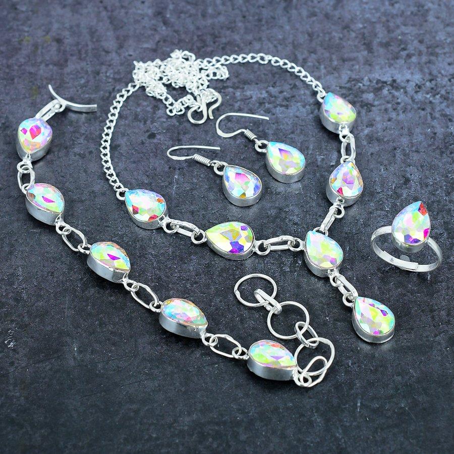 Mystic Rainbow Topaz Gemstone Handmade 925 Sterling Silver Jewelry Set c2S47