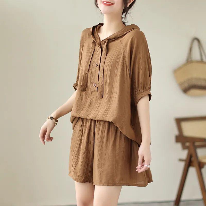 

Летний повседневный комплект женского размера плюс: Топ с капюшоном и короткими рукавами и утягивающие шорты XL хаки