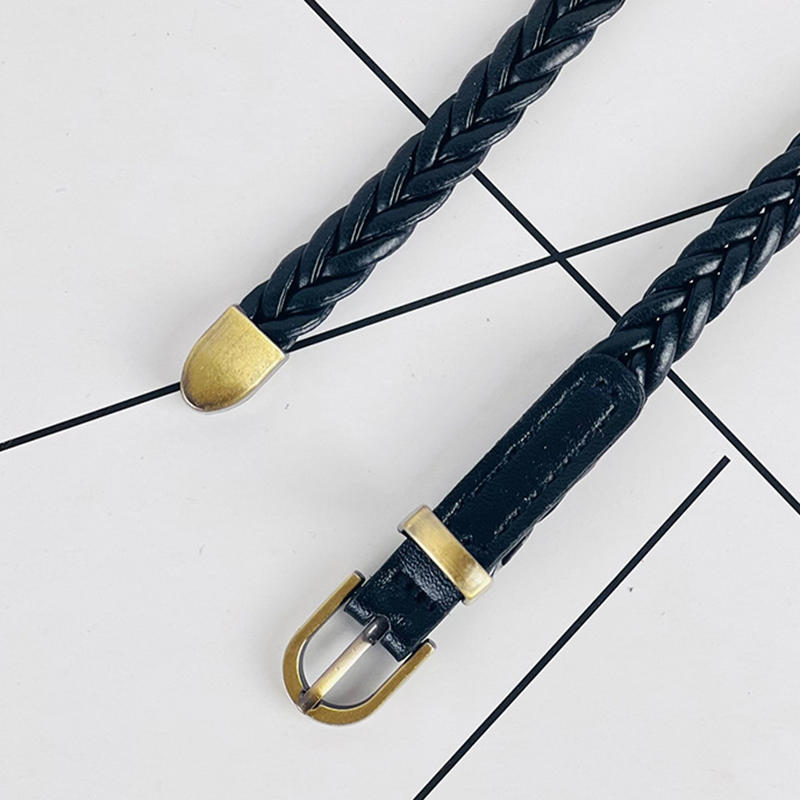 Women's Skinny Braided Leather Belts Vintage Thin Woven Waist Belts for Jeans Pants Dresses with Pin Buckle