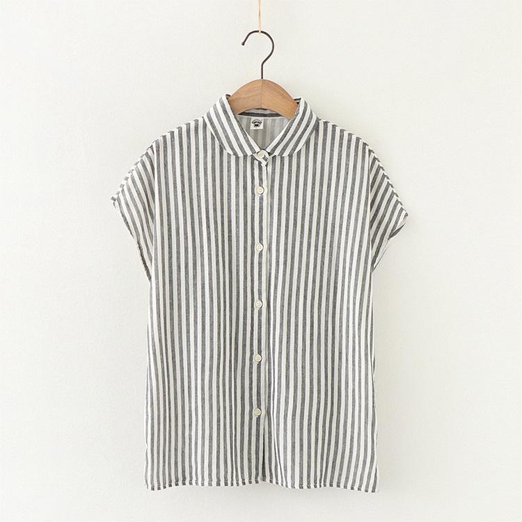 

Японская блузка Mori Girl из двухслойного хлопка с воротником Питер Пэн - с коротким рукавом, свободного кроя, белая в полоску рубашка для женщин S