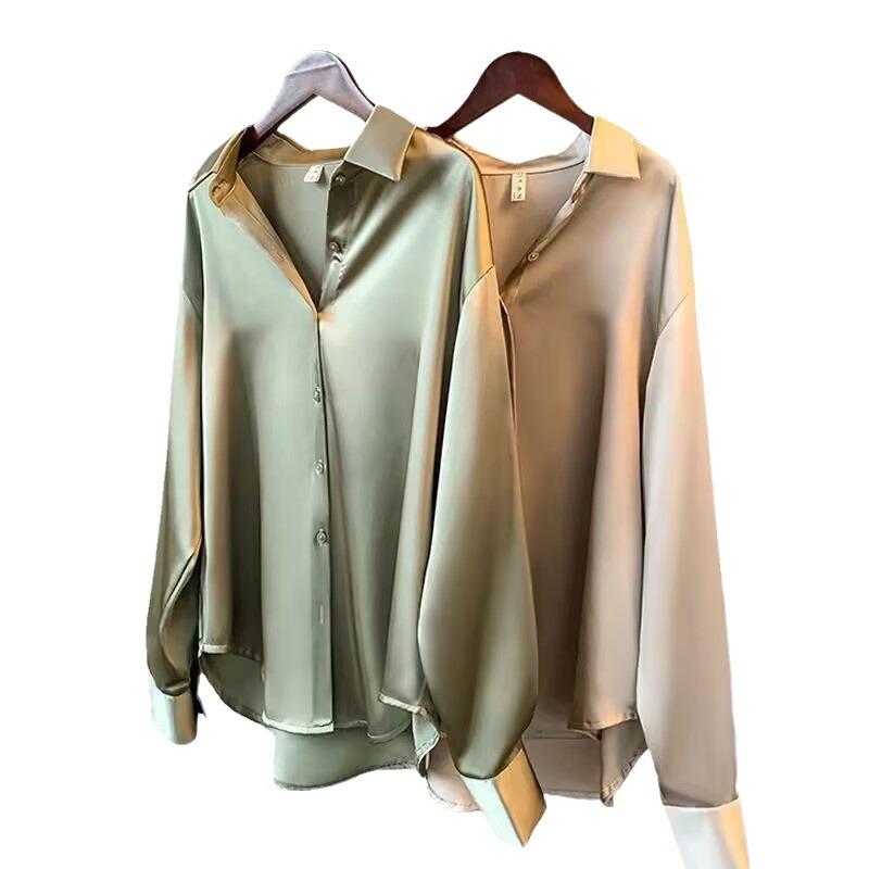Women's Vintage Drape Long-Sleeve Satin Shirt 2025 – Versatile Retro Hong Kong Style for Spring & Autumn