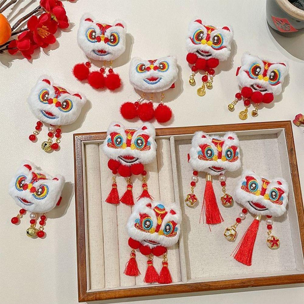 Tassel Children Red Bow Hairpin Lion Dance Hanfu Hair Sticks Cute Chinese New Year Headwear Baby