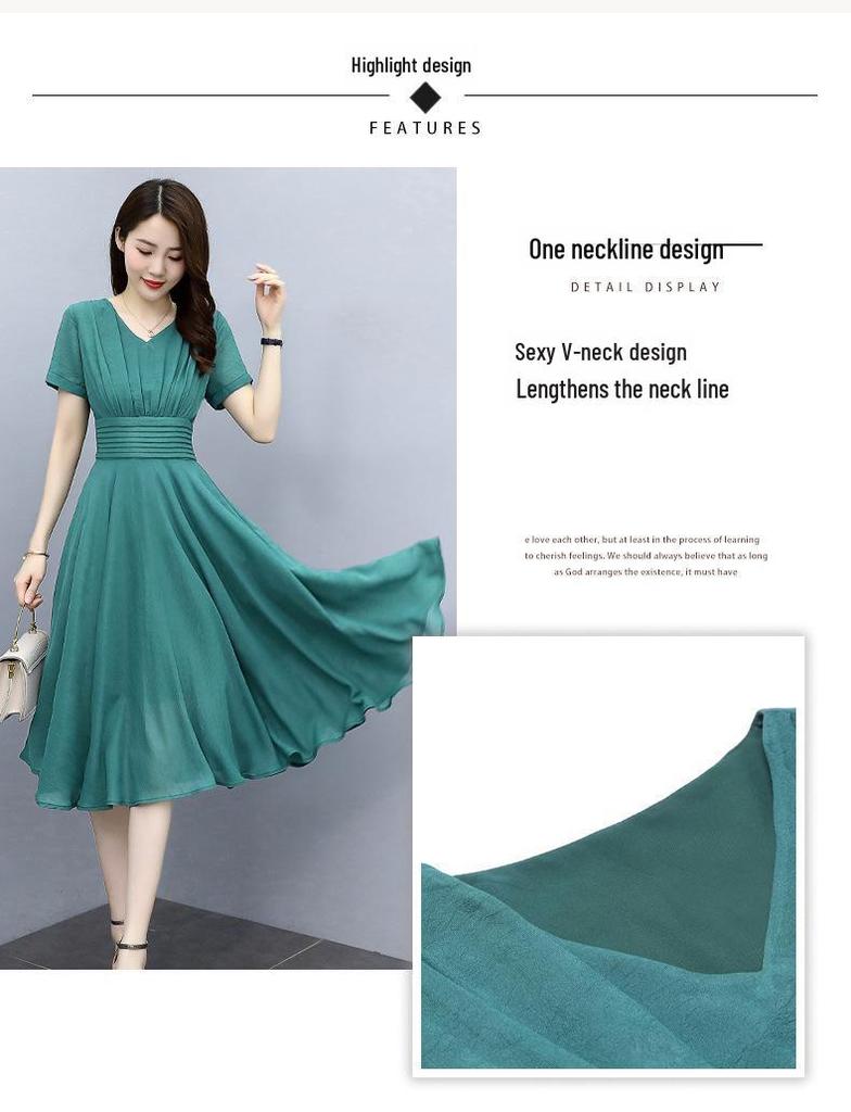 Elegant V-Neck Slim Fit Chiffon Dress - 2022 Women's Medium-Long Style