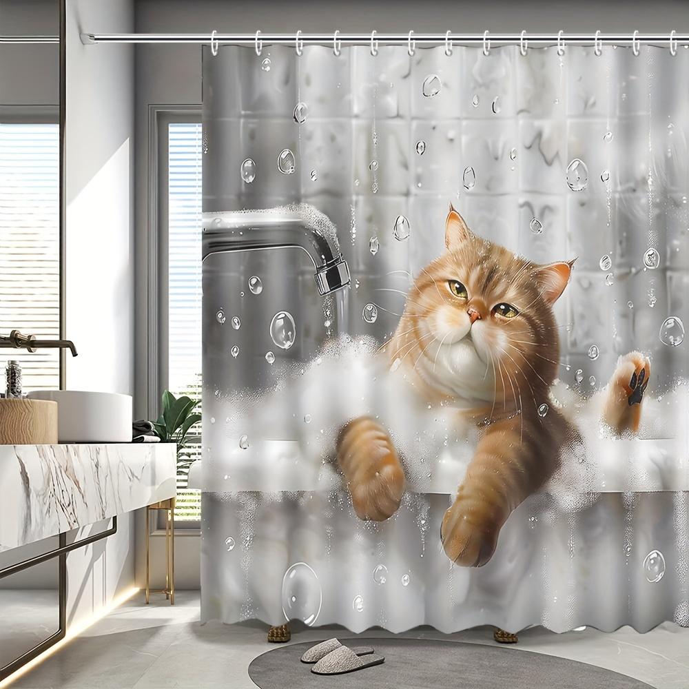 1Pc Shower Curtain - Adorable Orange Cat In A Bathtub With Bubbles And Water Drops Design Waterproof
