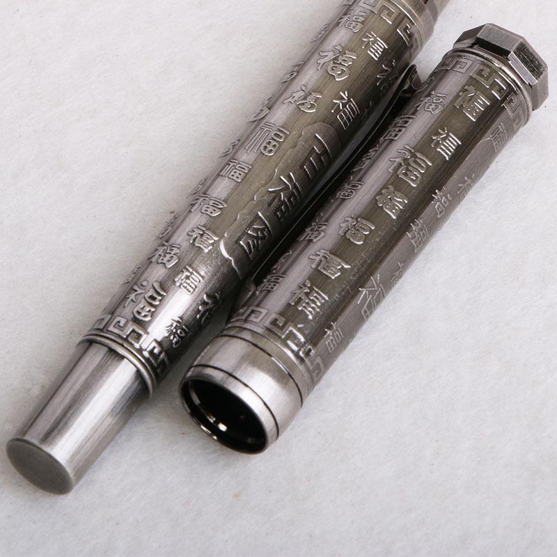 Eversharp Antique Silver Calligraphy Fountain Pen with Bent Nib - Brushed Hundred Blessings Design, Ideal for Writing Practice and Business Gifts