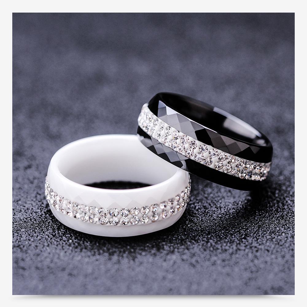 8MM Black and White Ceramic Ring with Dual Row Inlaid Diamonds for Women