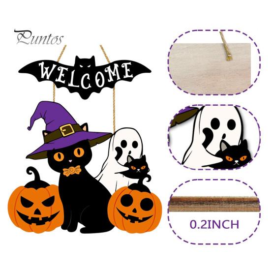 Black Cat Party Prop Halloween Wooden Welcome Door Sign, Pumpkin Ghost Bat Hanging Decor Indoor Outdoor Decoration for Yard, Home Entrance Rustic Wood
