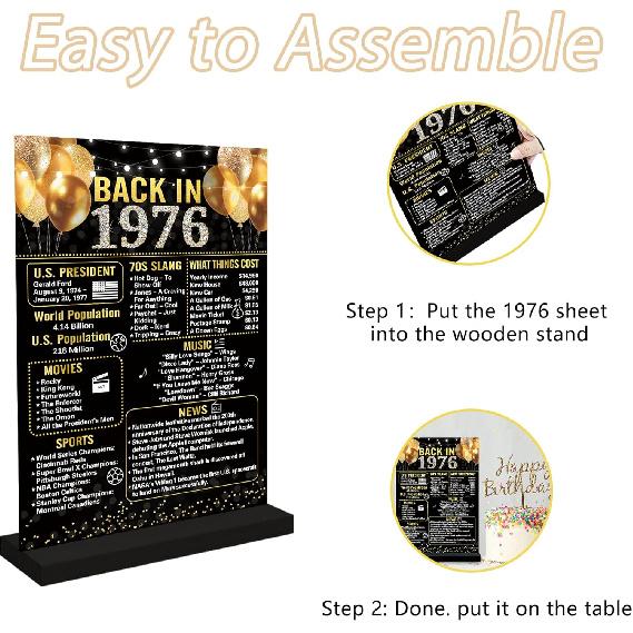 Trgowaul 50th Birthday Decorations Women Men, Black Gold Back In 1976 Birthday Poster Acrylic Table Sign with Stand, 50 Anniversary Decor Gifts for