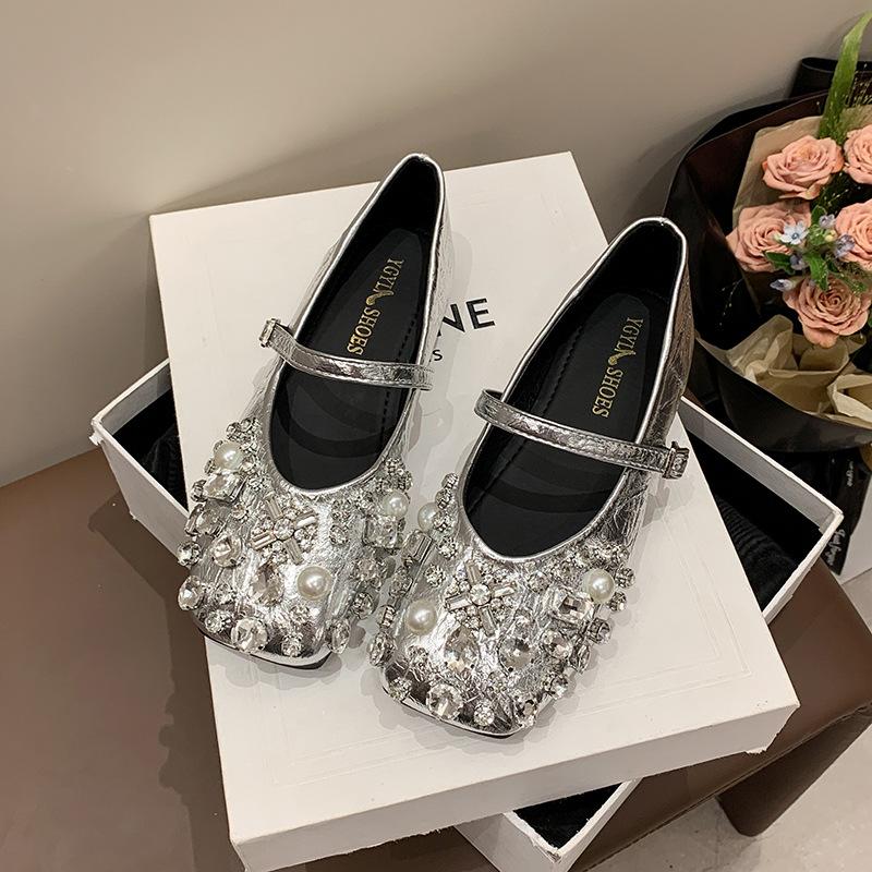 Fashion Mary Jane Shoes 2025 Autumn New Pearl Rhinestone Flat-soled Grandma Shoes Shallow Mouth Versatile Women's Single Shoes