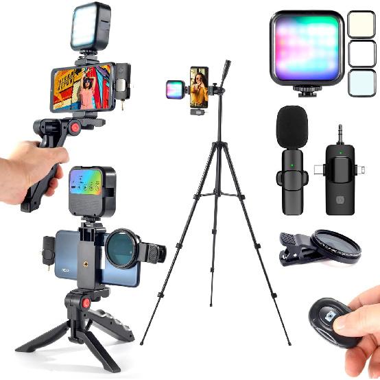 Vlogging Kit for iPhone,YouTube Starter Kit,Phone Holder for Video Recording Vlogging Camera Kit with Double Tripod/RGB Light/Wireless Microphone/CPL