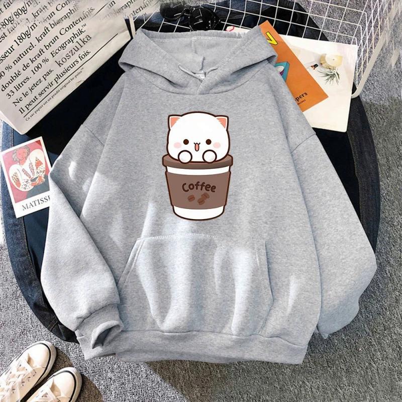 Kawaii Peach and Goma Hoodie Women Harajuku Cute Cat Hoodies Autumn Winter Funny Coffee Graphic Hooded Sweatshirt