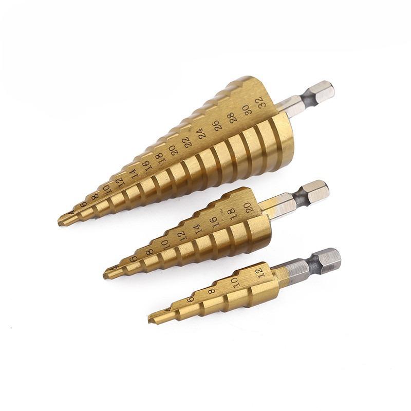 3Pcs/set Hexagonal shank straight groove step drill, titanium-plated pagoda drill, reaming step drill 4-12 4-20 4-32 cloth bag