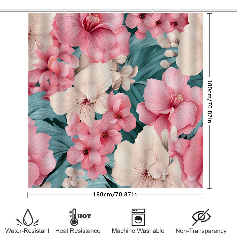Luxury Bathroom Decor Shower Curtain Floral Print Home Decoration Waterproof Bath Rug Set For Kids And Adults Pink White Green 6