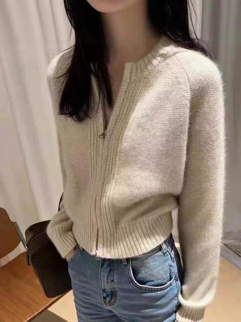 Women's Stylish Short Wool Knit Cardigan, Round Neck, Autumn Winter Cashmere Sweater Coat with Double Zipper.