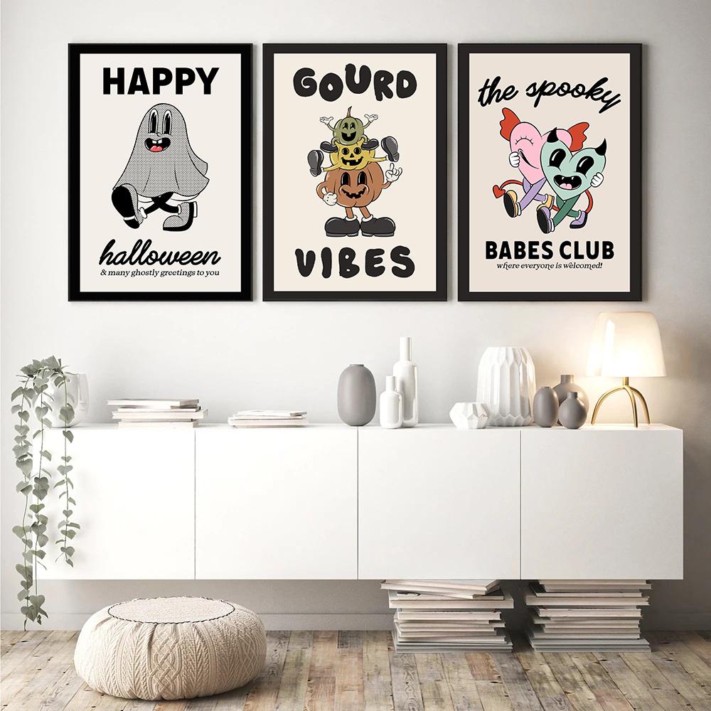 Nordic Cute Cartoon Skull Ghost Halloween Abstract Retro Posters Prints Canvas Painting Wall Art Picture Living Room Home Decor