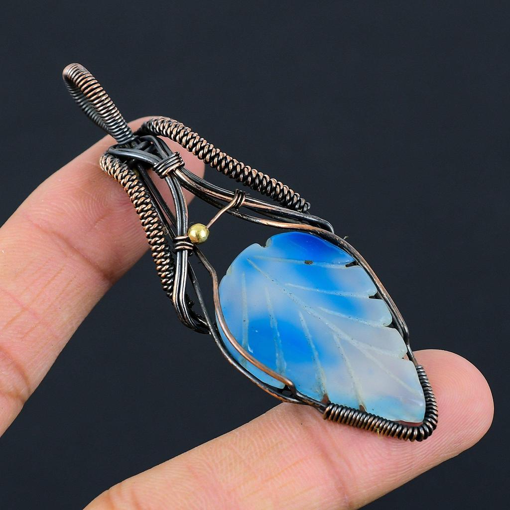 Unique Carved Blue Onyx Gemstone Pure Copper Wire Wrapped Handmade Pendant Jewelry