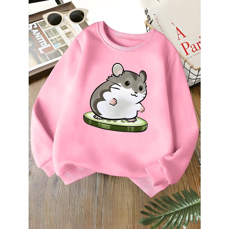 Kids Unisex Crewneck Sweatshirt, Cute Cartoon Hamster Cucumber Print Soft Fleece Long Sleeve Pullover For Boys Girls Over 4 Years Old