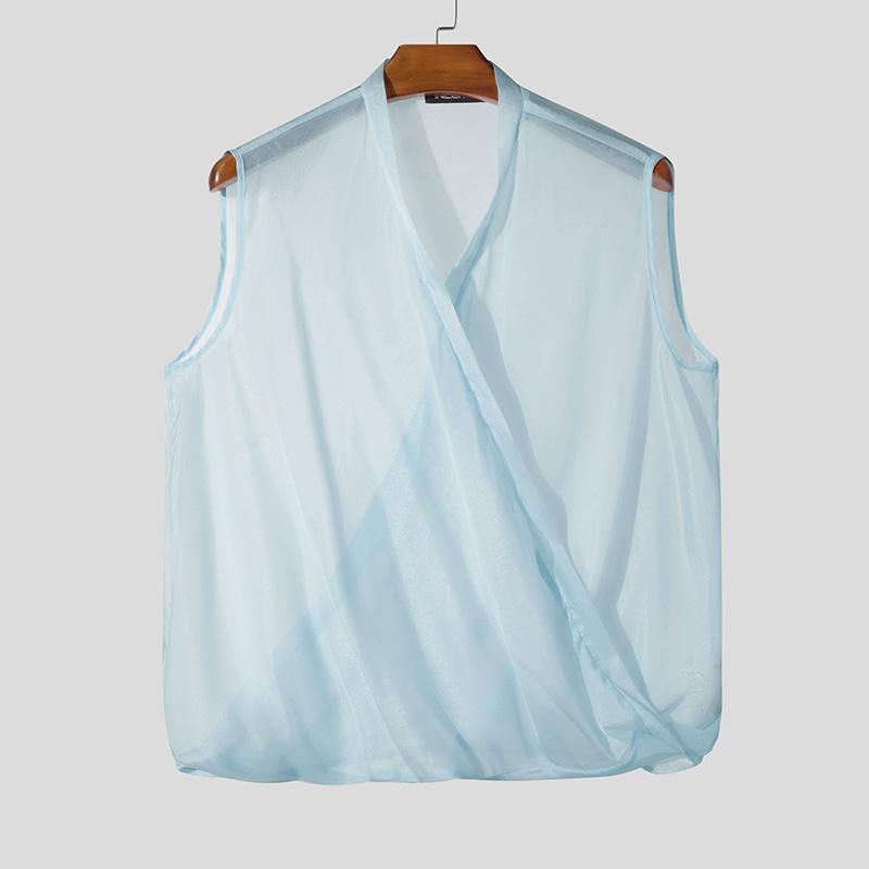 

INCERUN Мужские прозрачные топы без рукавов с перекрещивающейся спереди сеткой, прозрачные блестящие майки 3XL синий