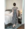 Summer Women's French Retro V-neck Temperament, Waist Cinching Printed Large Swing Long Dress
