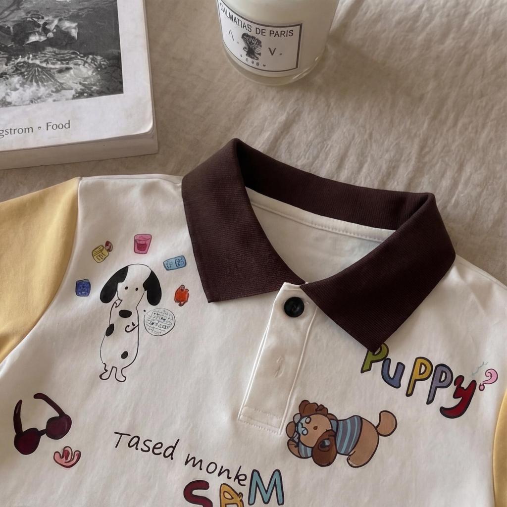 Kids Summer Cotton Short Sleeve Polo Shirt with Cute Dog Print for Toddlers and Children