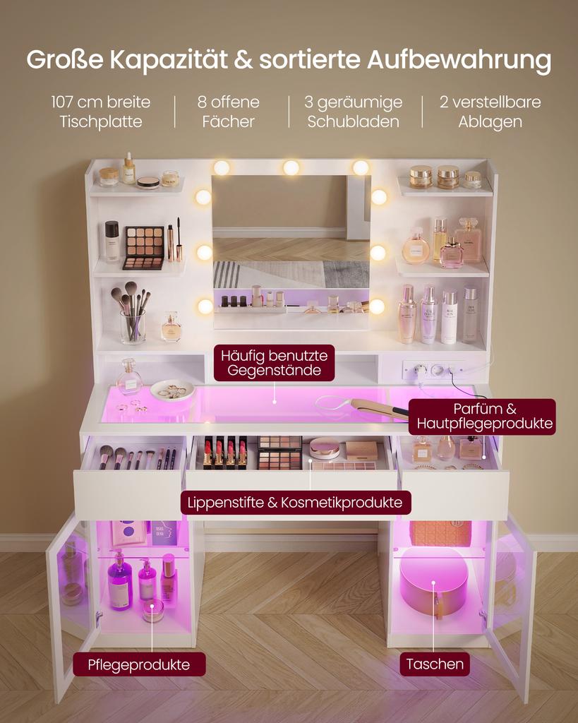 VASAGLE Sminkebord med LED-spejl og RGB-belysning, Stikkontakter, Glasplade, Opbevaringsskabe, 107 x 40 x 144,5 cm, Hvid, Soveværelse
