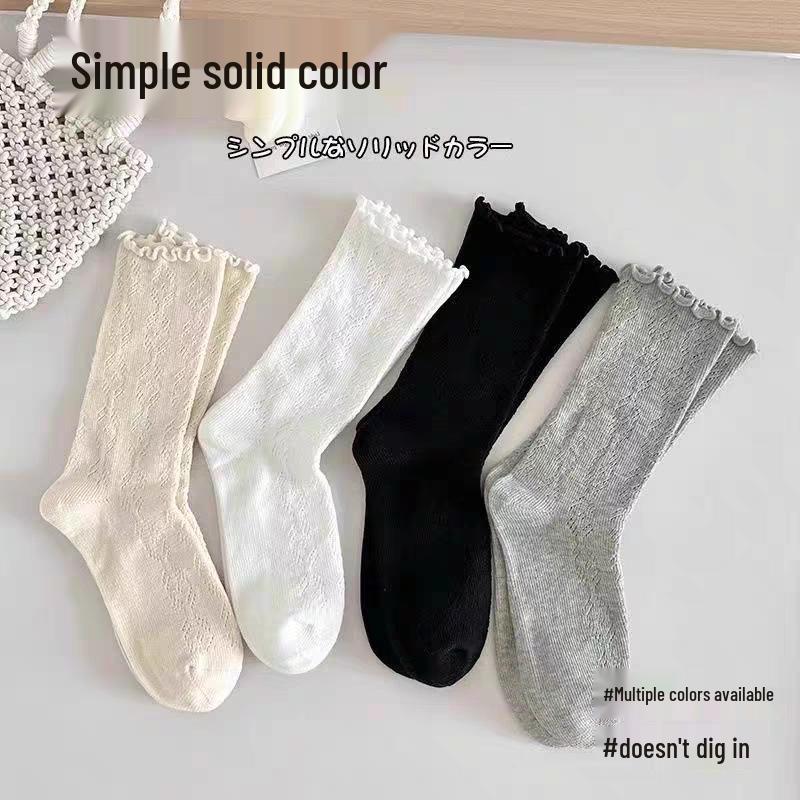 

Women s White Lace Wood Ear Trim Mid-Calf Socks: Slouch Style, Moisture-Wicking, Breathable, Hollowed-Out Design. One size fits all (Cotton breathable)