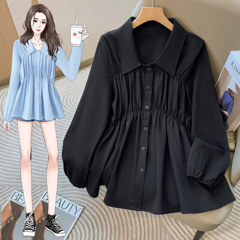 

2024 Autumn Women s Slimming Ruffle Top: Long Sleeve, Waist-Cinched, Straight Shoulder, Tummy Concealing, Elegant Commute Style 4XL чорний