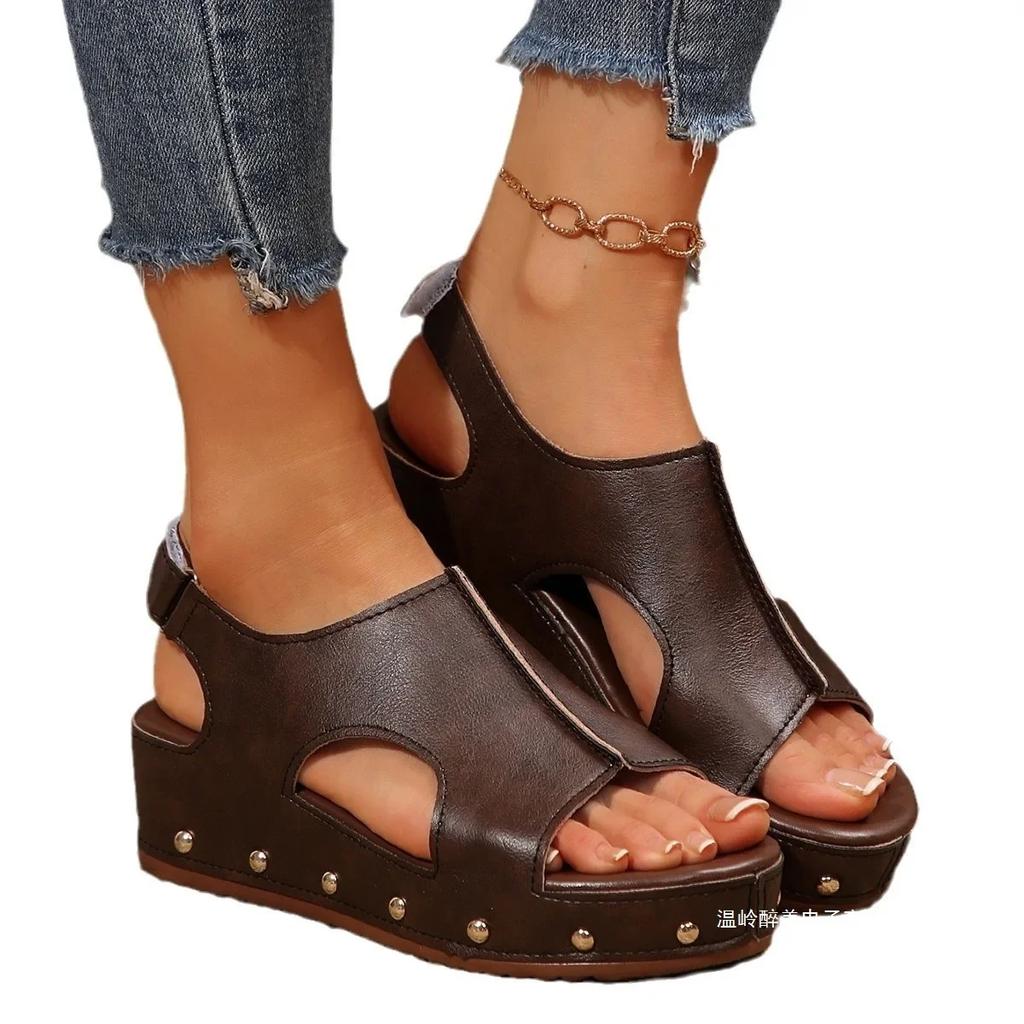 Fashion 2025 New Thick-soled Hollow Fish Mouth Sandals Women's Large-size Rivets Velcro Slope Heel Beach Sandals