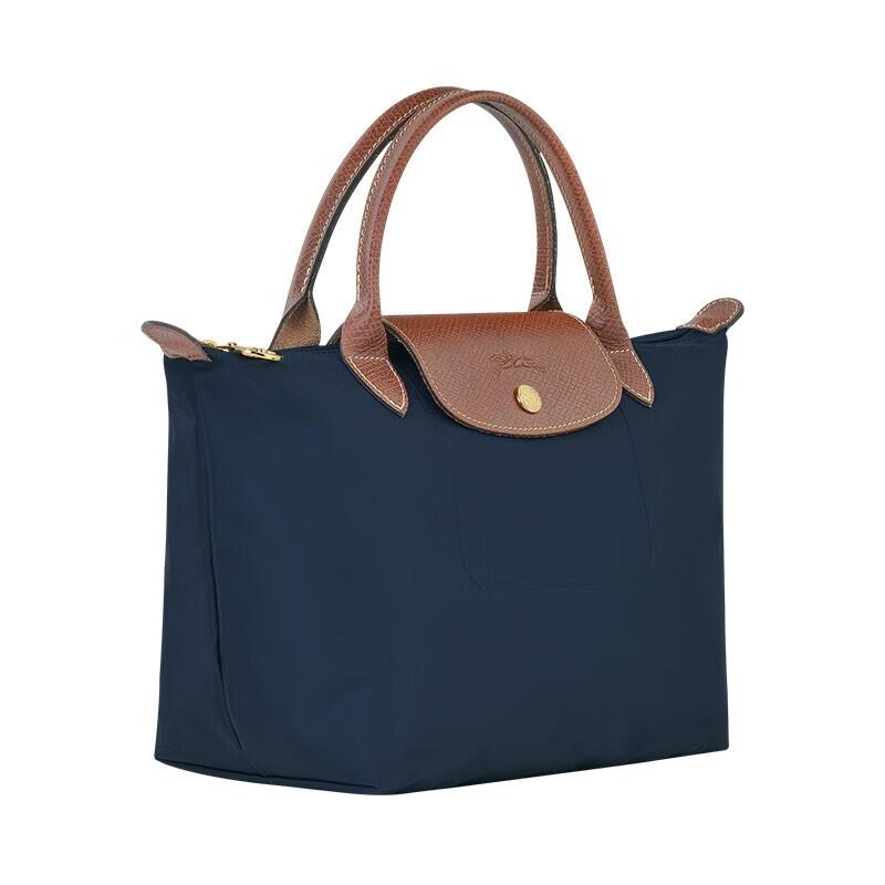 Longchamp Short Handle Zipper Snap Closure Strapless Canvas with Leather Trim Handbag Small Women's Navy 1621089P68