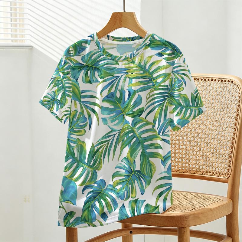 Women's Basic Short Sleeve Top Cotton Breathable Casual Tee with Tropical Plant Print, Ideal for Daily Outfits & Coffee Shop Visits.