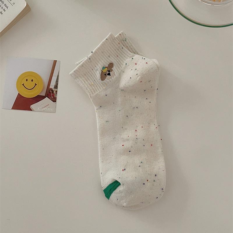 

Женские летние тонкие мультяшные вышитые милые медвежата в белый горошек сетчатые дышащие короткие хлопковые носки 1 pair
