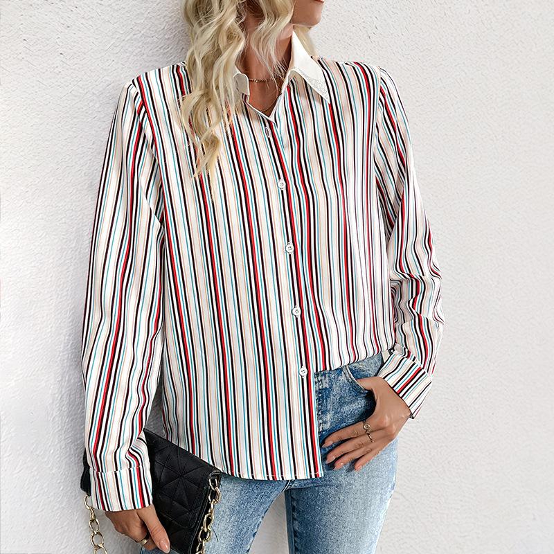New Casual Commuter Basic Lapel Color Striped Shirt for Women