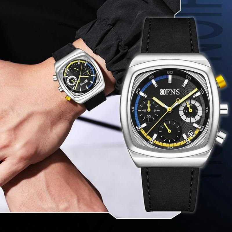 Square Dial Chronograph Quartz Watches for Men Fashion Leather Strap Casual Sport Wristwatch with Date Display Waterproof Luminous