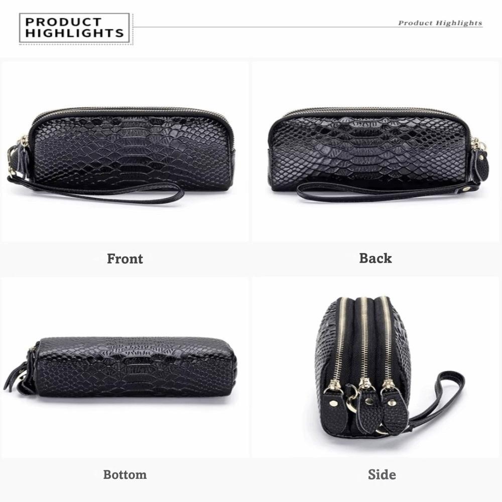 Solid Color Lady Clutch Crocodile Texture Long Zipper Genuine Leather Wallet Large Capacity 3-Layer Design Phone Bag for Women